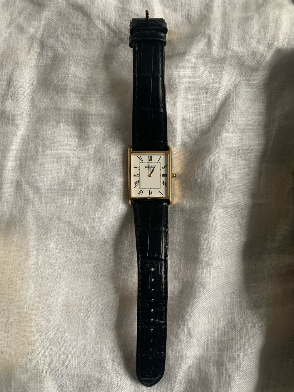 Seiko Gold Rectangle Quartz Analog Croco Leather Strap Watch